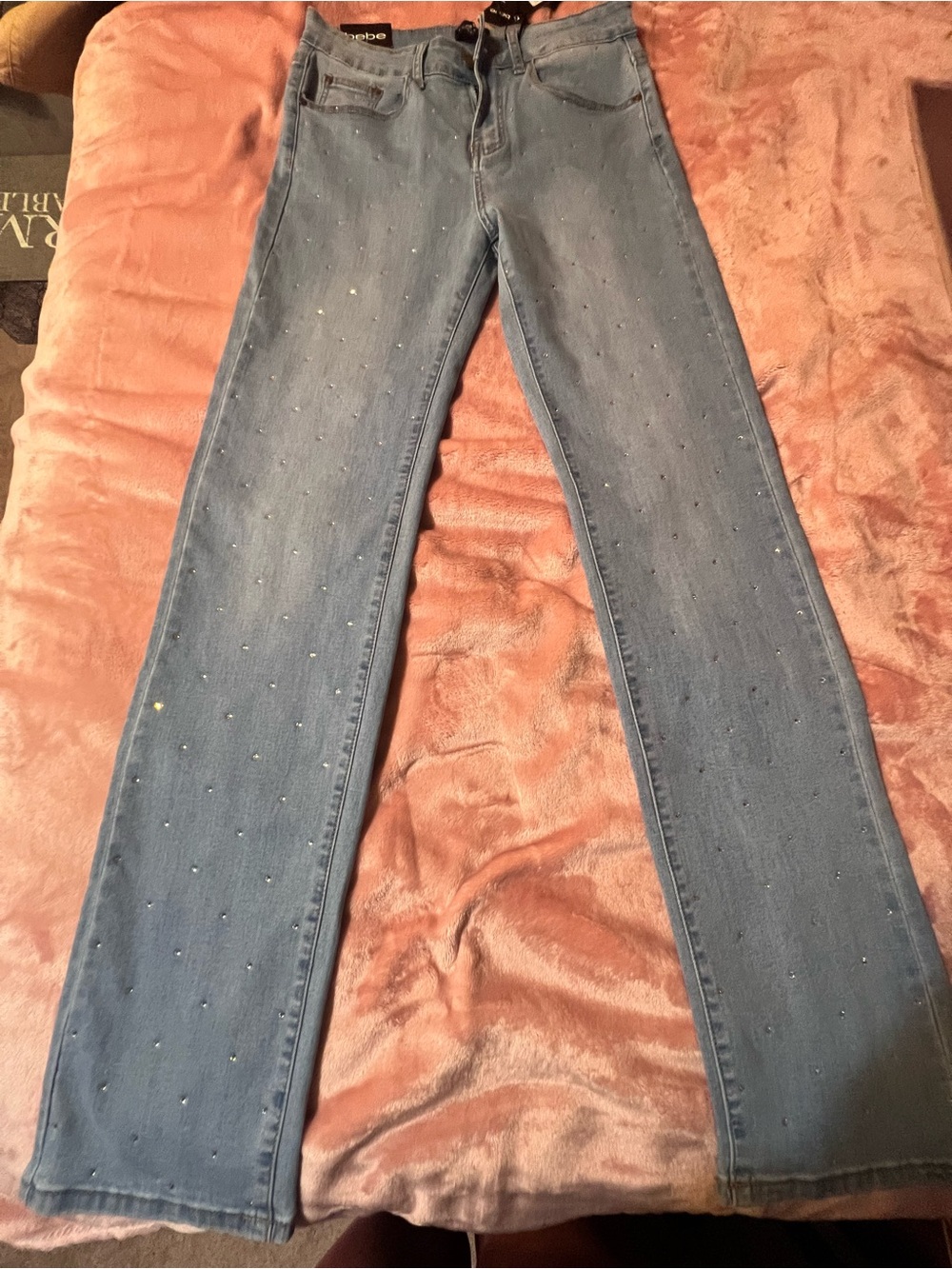 bebe Light Blue Rhinestone-Embellished Wide Leg Jeans